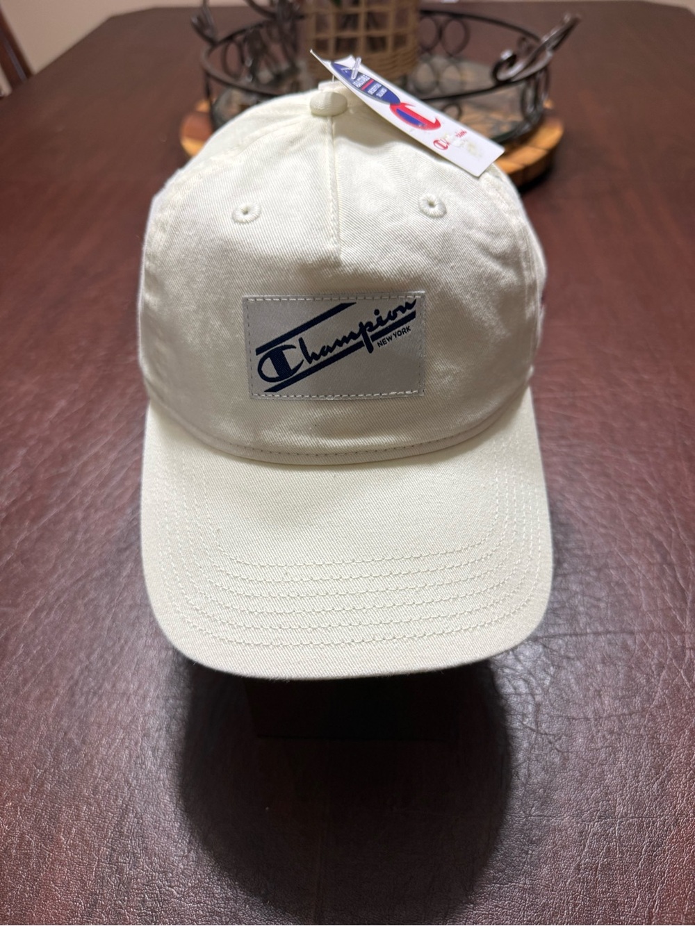 New Champion Unisex Cream Cap with Navy Logo Patch